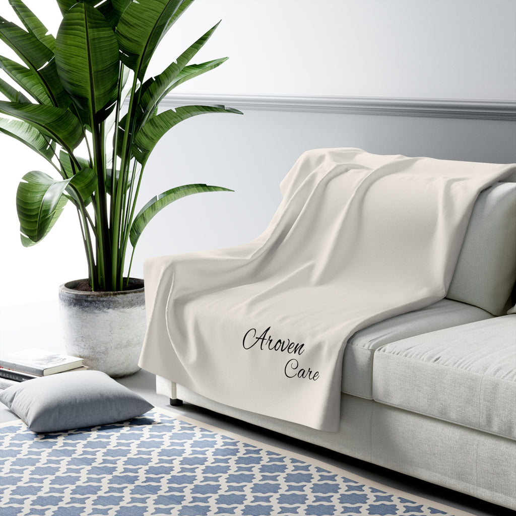 Sherpa Fleece Blanket — Cozy Cream Throw with 'Aroven Care' Script