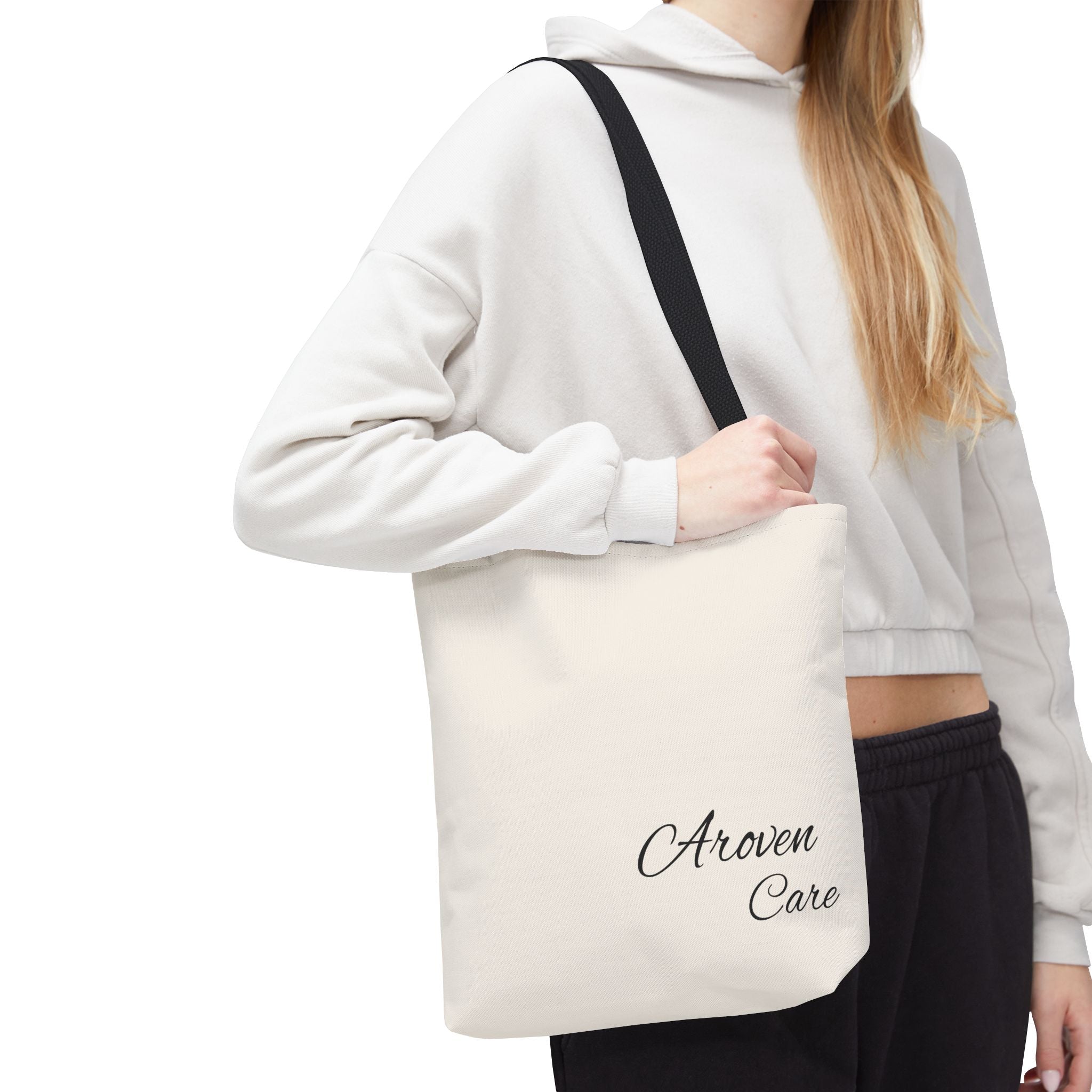 Aroven Care Script Tote Bag — Minimalist Casual Tote with Elegant Script Logo